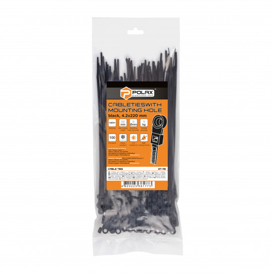 Хомут пластиковий (стяжка) Polax кабельний з монтажним кільцем 4,2 х 220 мм, чорний 100 шт. (37-118)