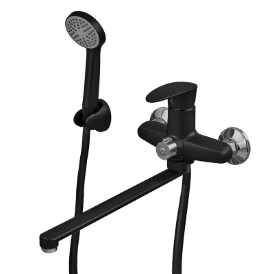 Смеситель для ванной Plamix CEZAR-006 EURO SET Matte black, с шлангом, лейкой и кронштейном (PM0690)