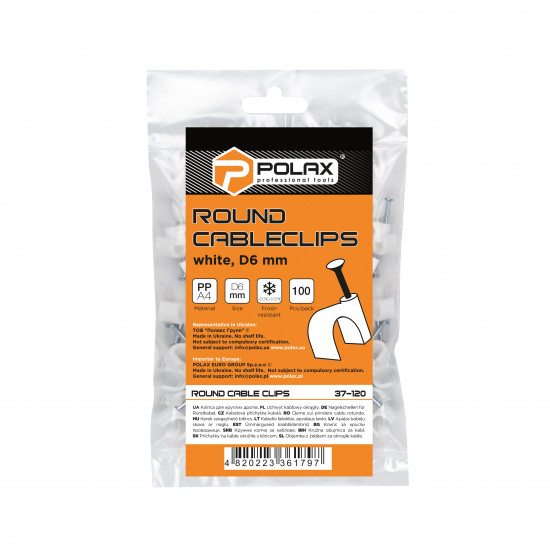 Скоба кабельна Polax кругла 6 мм з цвяхом, біла 100 шт. (37-120)