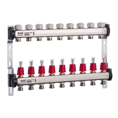 Коллектор с расходомером и термостатическими клапанами Roho R804-09 - 1"х 9 выходов (RO0041)