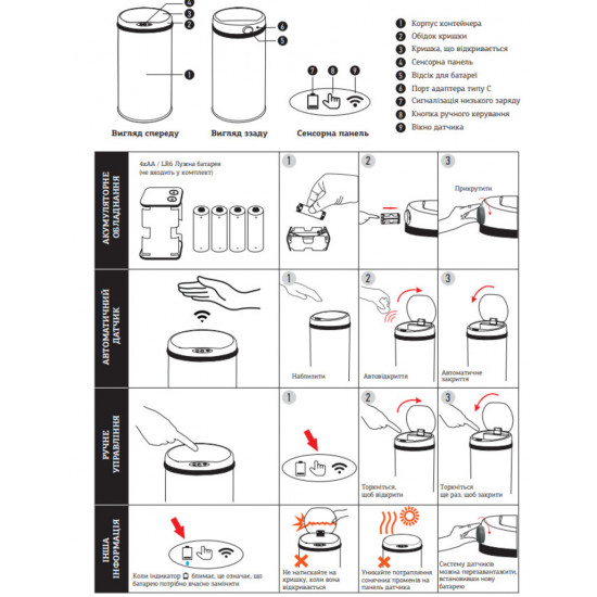 Відро для сміття сенсорне кругле Mixxus Premium Ellipse-TC0109 Chrome-Black 9л (хром-чорне) (MI7083 Відро для сміття сенсорне кругле Mixxus Premium Ellipse-TC0109 Chrome-Black 9л (хром-чорне) (MI7083