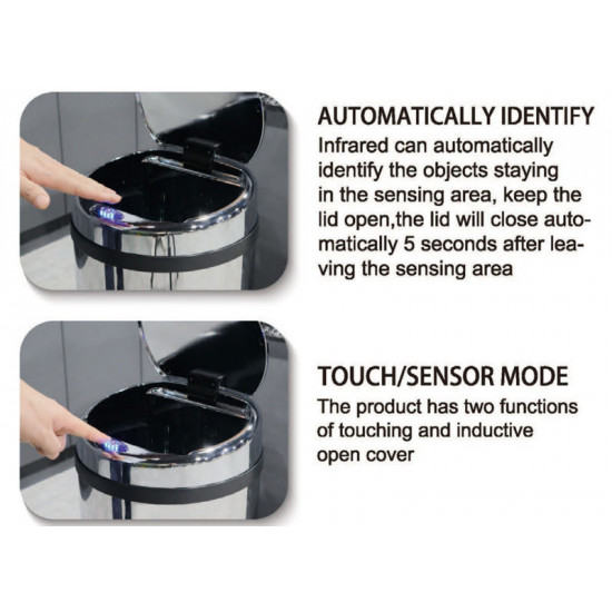 Відро для сміття сенсорне кругле Mixxus Premium Ellipse-TC0109 Chrome-Black 9л (хром-чорне) (MI7083 Відро для сміття сенсорне кругле Mixxus Premium Ellipse-TC0109 Chrome-Black 9л (хром-чорне) (MI7083