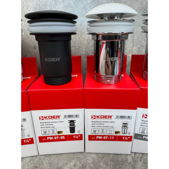 Донний клапан для раковини Koer PW-07-11 1 1/4'' з переливом автоматичний СLICK-СLACK (Біла керам.н