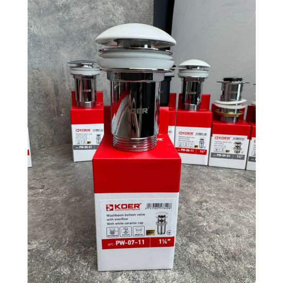 Донний клапан для раковини Koer PW-07-11 1 1/4'' з переливом автоматичний СLICK-СLACK (Біла керам.н