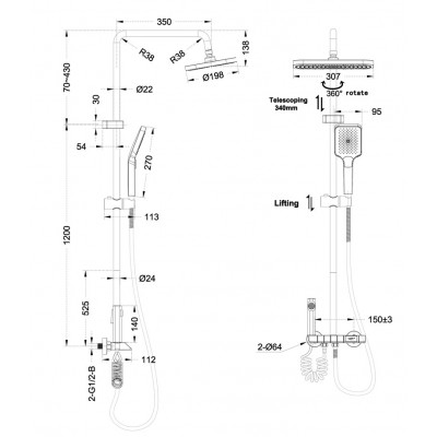 Душова колона зі змішувачем Mixxus Premium NEPTUNE 009-J GRAPHITE з кнопкою перемикання, 4 режими (