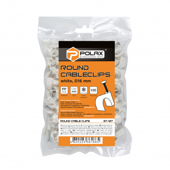 Скоба кабельна Polax кругла 16 мм з цвяхом, біла 100 шт. (37-127)
