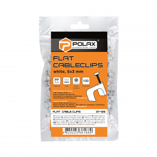 Скоба кабельна Polax плоска 5х3 мм з цвяхом, біла 100 шт. (37-129)