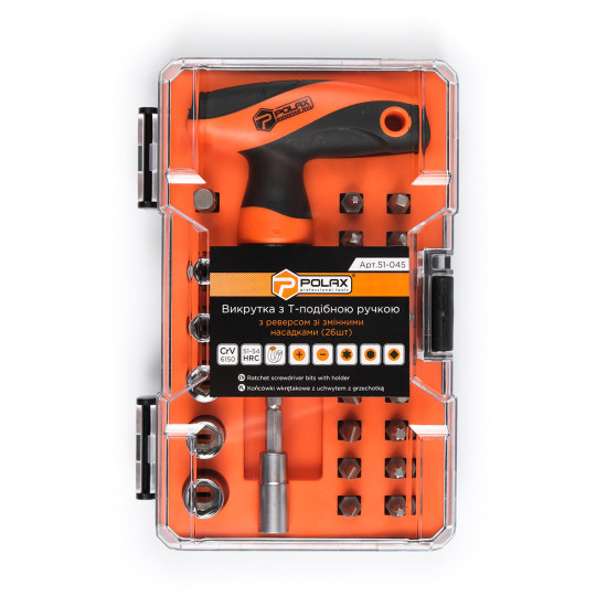 Викрутка Polax Т-подібна, з реверсом, змінними насадками і бітами 26 в 1 (51-045)