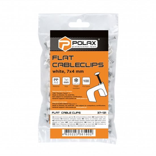 Скоба кабельна Polax плоска 7х4 мм з цвяхом, біла 100 шт. (37-131)