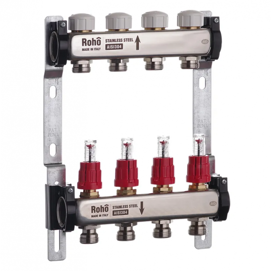 Коллектор с расходомером и термостатическими клапанами Roho R804-04 - 1"х 4 выхода (RO0036)