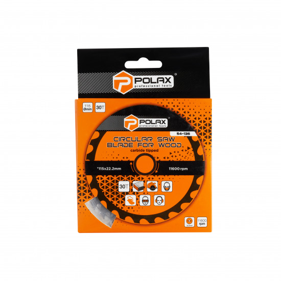 Диск пильний Polax по дереву з твердосплавними напайками 115x22.2/20, 30Т (54-136)