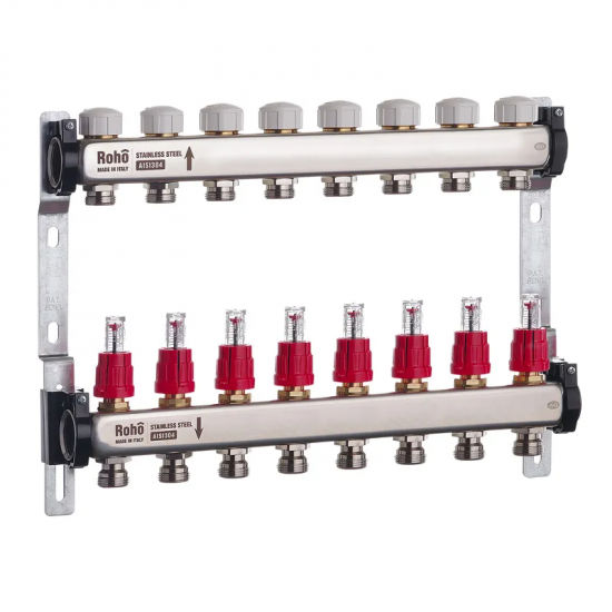 Коллектор с расходомером и термостатическими клапанами Roho R804-08 - 1"х 8 выходов (RO0040)