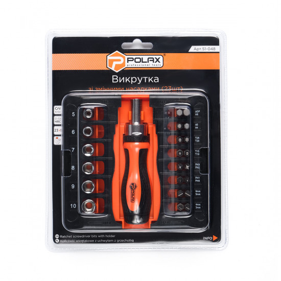 Викрутка Polax з реверсом, змінними насадками та бітами 23 в 1 (51-048)