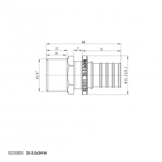 Перехідник з ЗР Koer KA.A08M-25 - 25(3.5mm) x 3/4"M (KR4853)