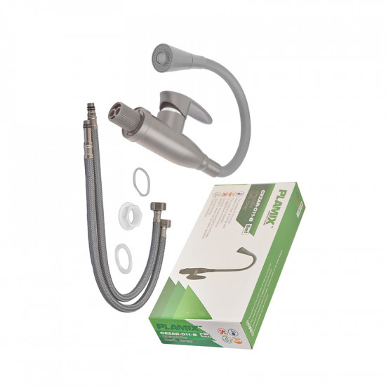 Змішувач для кухні PLAMIX CEZAR-011-B SET GRAPHITE REFL.GRAY з силіконовим виливом, з підведенням (