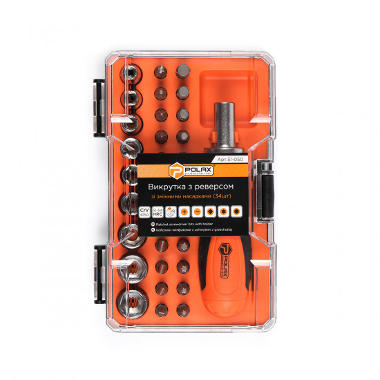 Викрутка Polax з реверсом, змінними насадками і бітами 34 в 1 (51-050)