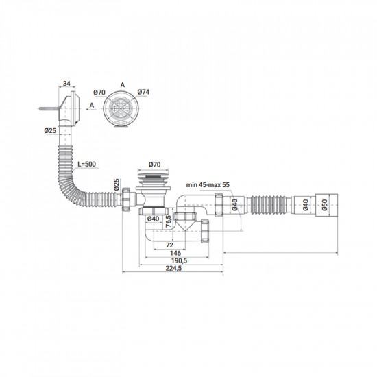 Сифон для ванної Zerix SV-02-C з ревізією, переливом та випуском "СLICK-СLACK" (ZX4961)