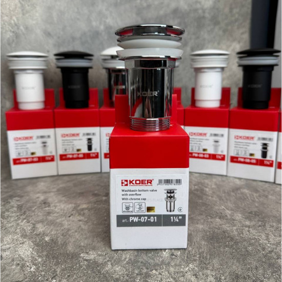Донний клапан для раковини Koer PW-07-01 1 1/4'' з переливом автоматичний СLICK-СLACK (Колір хром)