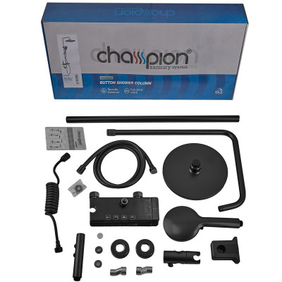 Душова колона зі змішувачем з кнопковим перемикачем з алюмінію Champion PBD-009-J BLACK, 4 режими ( Душова колона зі змішувачем з кнопковим перемикачем з алюмінію Champion PBD-009-J BLACK, 4 режими (