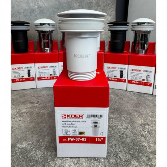 Донний клапан для раковини Koer PW-07-03 1 1/4'' з переливом автоматичний СLICK-СLACK (Колір білий) Донний клапан для раковини Koer PW-07-03 1 1/4'' з переливом автоматичний СLICK-СLACK (Колір білий)