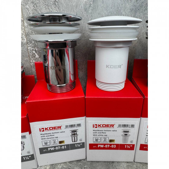 Донний клапан для раковини Koer PW-07-03 1 1/4'' з переливом автоматичний СLICK-СLACK (Колір білий) Донний клапан для раковини Koer PW-07-03 1 1/4'' з переливом автоматичний СLICK-СLACK (Колір білий)