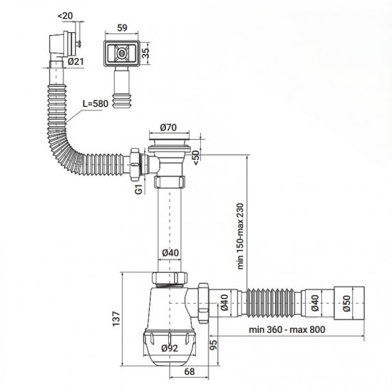 Сифон для кухні Zerix SK-04-А 1 1/2"x40 з різьбовим випуском та прямим переливом (ZX5086)