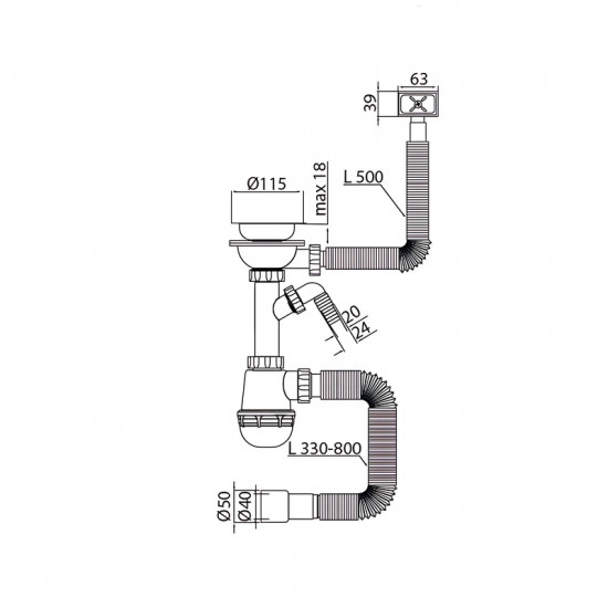 Сифон для кухні Mixxus SK-05-WH 3 1/2"x40 з пластиковою сіткою, відведенням для пральної машини, гн