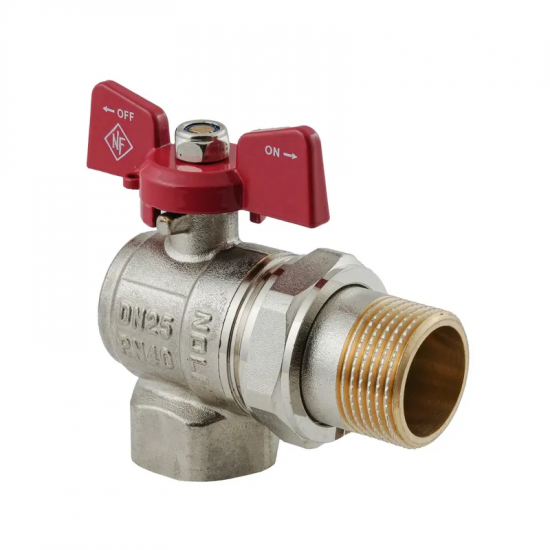 Кран кульовий з американкою Nolf classic NFC.941-10-1" FM кутовий, ГШМ ручка "метелик" червона (NF3