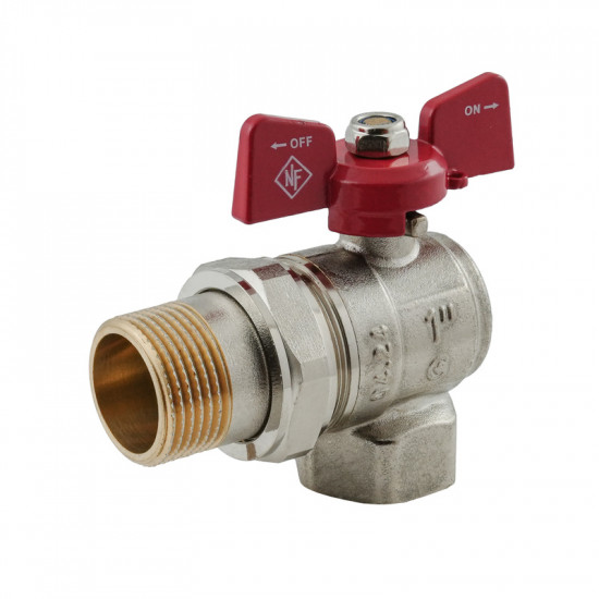 Кран кульовий з американкою Nolf classic NFC.941-10-1" FM кутовий, ГШМ ручка "метелик" червона (NF3