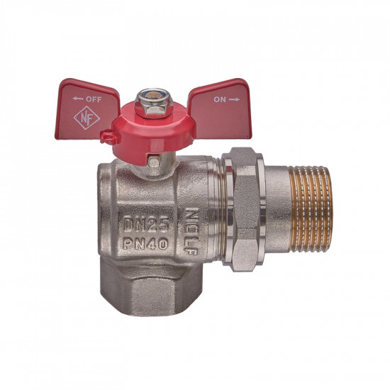 Кран кульовий з американкою Nolf classic NFC.941-10-1" FM кутовий, ГШМ ручка "метелик" червона (NF3