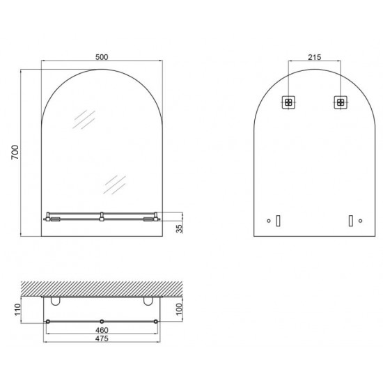 Зеркало настенное Zerix LAGUNA MRZ03-500x700x110 прямоугольное с дугообразным верхом и полкой (ZX5622)