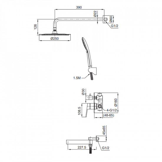 Вбудована душова система Koer KI-66016-02 (з нерж. сталі) (Колір нерж) (KR4792)