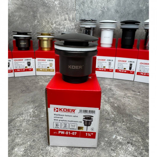 Донний клапан для умивальника Koer PW-01-07 1 1/4'' (кнопка) (Графіт) (KR3404)