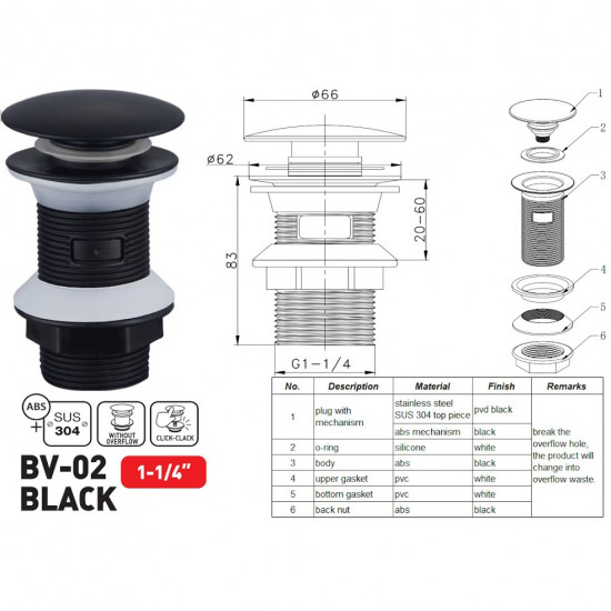 Донний клапан для раковини Zerix BV-02 BLACK 1 1/4''  без переливу автоматичний СLICK-СLACK (Колір