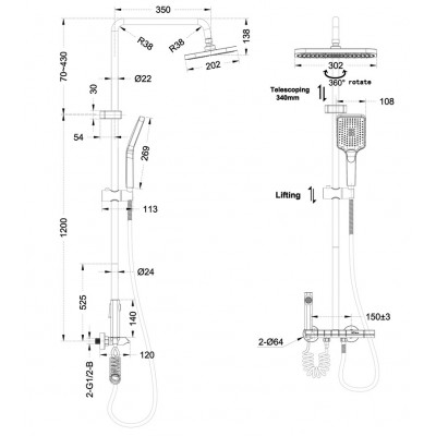 Душова колона зі змішувачем Mixxus Premium RIVIERA 009-J GRAPHITE з кнопкою перемикання, 4 режими (