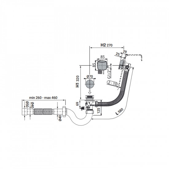 Сифон для ванної кімнати Zerix SV-01-B прямоточний з переливом "напівавтомат" (трос 580 мм) (ZX4959