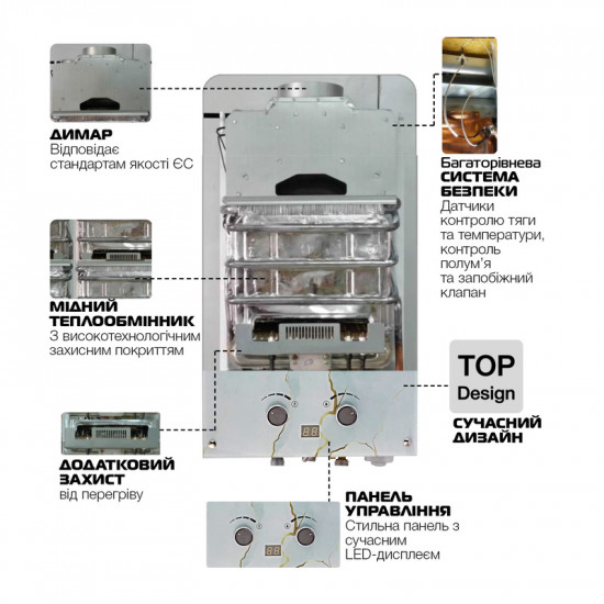 Газова колонка MIXXUS GWH-0510 BASIC GLASS димохідна 10 л/хв (панель зі скла з малюнком) (WH0026)