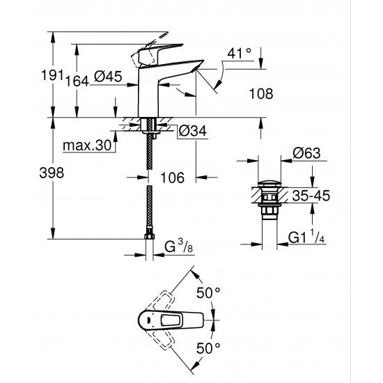 Одноважільний змішувач для раковини M-Size Grohe BauLoop New з нажимним донним клапаном (23886001)