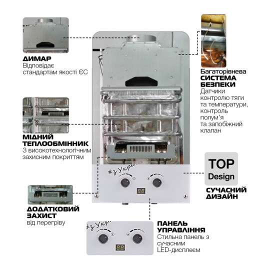 Газова колонка MIXXUS GWH-0610 BASIC GLASS димохідна 10 л/хв (панель зі скла з малюнком) (WH0027)