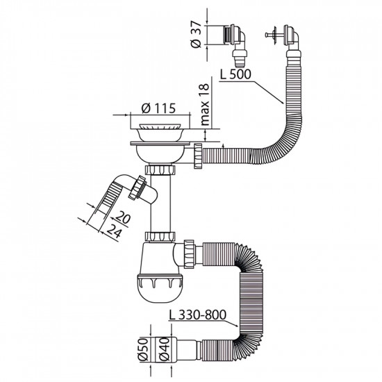 Сифон для кухні Mixxus SK-07-B 3 1/2"x40 з нерж.сіткою, відведенням для пральної машини, гнучким кр