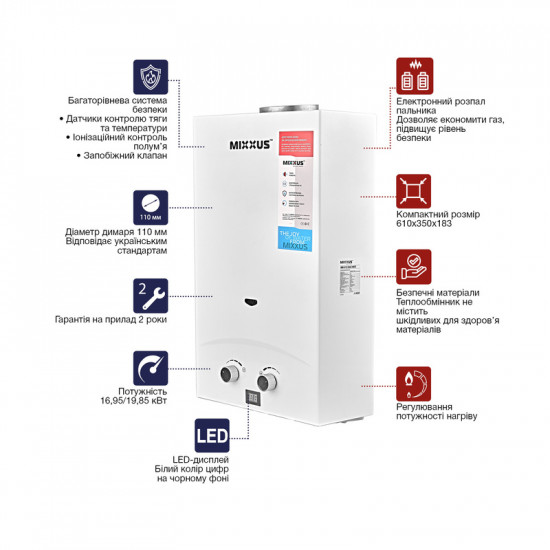 Газова колонка Mixxus GWH-0112 BASIC WHITE димохідна 12 л/хв (WH0029)