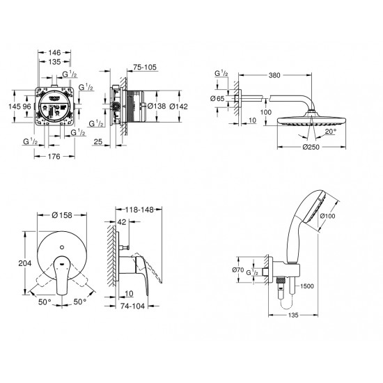 Душова система прихованого монтажу зі змішувачем Grohe Eurosmart New Tempesta 250 (UA26416SC3)