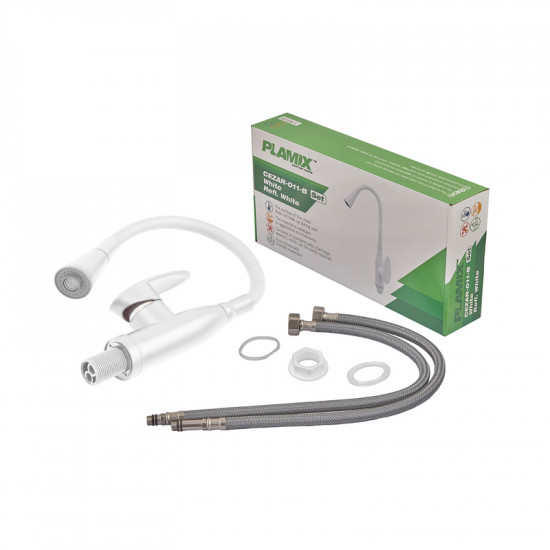 Змішувач для кухні PLAMIX CEZAR-011-B SET WHITE REFL.WHITE з силіконовим виливом, з підведенням (PM