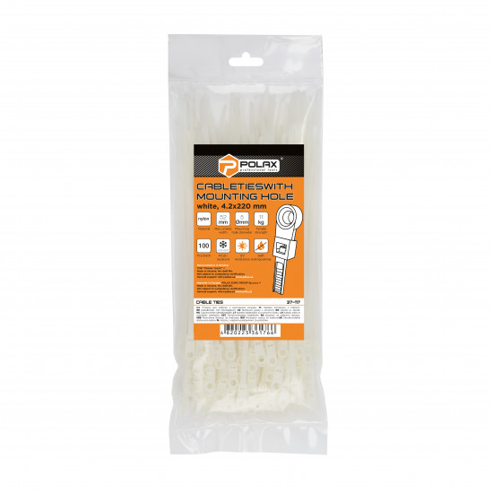 Хомут пластиковий (стяжка) Polax кабельний з монтажним кільцем 4,2 х 220 мм, білий 100 шт. (37-117) Хомут пластиковий (стяжка) Polax кабельний з монтажним кільцем 4,2 х 220 мм, білий 100 шт. (37-117)