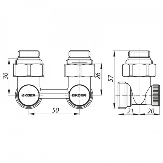 Узел нижнего подключения радиатора 3/4'' угловой (комплект) Koer KR.1132 (KR2816)