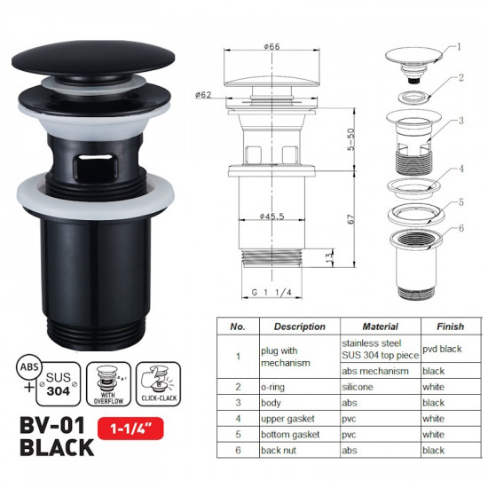 Донний клапан для раковини Zerix BV-01 BLACK 1 1/4'' з переливом автоматичний СLICK-СLACK (Колір чо
