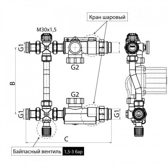 Смешивающий узел для коллекторов с плеч. подеколи. Koer KR.1022S - 1" (без насоса) (KR2911)