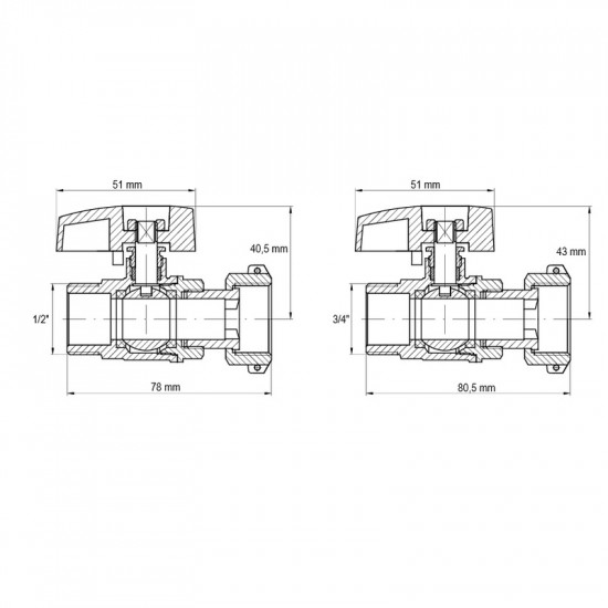 Комплект кранів для підключення газового котла KOER KR.1323 прямий (1/2"x2шт, 3/4x2шт) (KR3125)