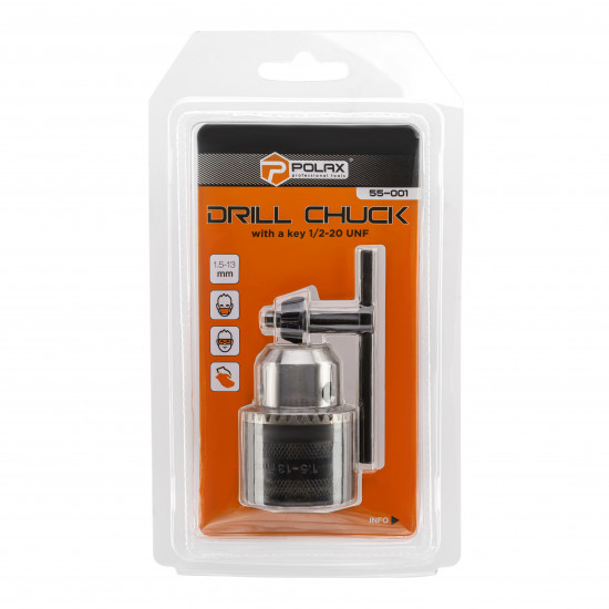Патрон для дриля з ключем 1.5-13мм 1/2-20UNF, Polax (55-001) Патрон для дриля з ключем 1.5-13мм 1/2-20UNF, Polax (55-001)