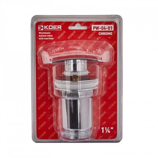Донний клапан для умивальника з переливом Koer PW-04-01 1 1/4'' (кнопка) (Колір хром) (KR3398)